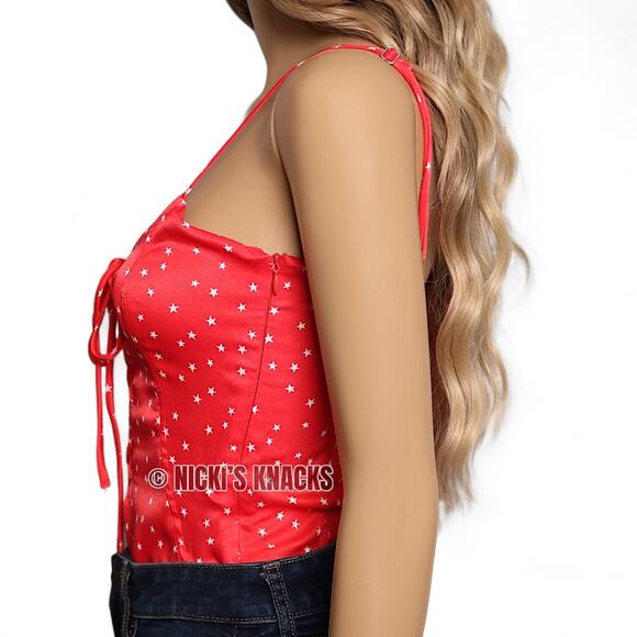 Zara Red Satin Star Bodysuit Y2K Lace Up Corset Tank Snap Bottom Top Size S - Picture 5 of 12